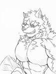 abs anthro biceps blush fluffy grin male muscular muscular_anthro muscular_male pecs smile solo dj28sj lifewonders live_a_hero barrel_(live_a_hero) canid canine canis mammal wolf 3:4 hi_res line_art monochrome