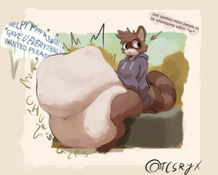 ambiguous_anthro ambiguous_gender ambiguous_pred anthro anthro_pred arrow_pointing_to_face begging_for_mercy belly belly_overhang big_belly big_tail biped black_nose bloated blue_text blurred_background blurred_text bodily_fluids bodily_noises border bottomless bottomless_ambiguous bottomless_anthro brown_body brown_ears brown_face brown_fur brown_hair brown_hands brown_legs brown_text brown_tuft calling_for_help cheek_tuft chest_tuft churn clothed clothed_ambiguous clothed_anthro clothing contextual_arrow countershade_belly countershade_face countershade_fur countershade_torso countershading day dialogue digestion digestion_noises directional_arrow distorted_text drawstring_hoodie drawstring_topwear drip_effect dripping_speech_bubble dripping_text drooling ears_up facial_markings facial_tuft fatal_vore fully_inside fur glorsh hair head_markings hood_down hoodie hoodie_only huge_belly hyper hyper_belly imminent_death light long_sleeves looking_aside looking_offscreen markings mask_(marking) monotone_belly monotone_clothing monotone_hair monotone_hands monotone_hoodie monotone_legs monotone_topwear motion_lines multicolored_body multicolored_face multicolored_fur multiple_prey navel onomatopoeia open_mouth outside purple_clothing purple_hoodie purple_topwear ring_(marking) ringed_tail rumbling_stomach saliva same_size_vore short_hair side_view sitting soft_vore solo sound_effects speech_bubble straight_arm striped_markings striped_tail stripes struggling struggling_prey tail tail_markings talking_to_another talking_to_pred tan_belly tan_body tan_border tan_countershading tan_face tan_fur tan_inner_ear tan_tuft text thick_thighs topwear topwear_only tuft twitter_handle unseen_prey unwilling_prey vore vowelless vowelless_sound_effect warped_text white_drawstring wide_hips wrinkles_in_clothes tcsrjx unnamed_raccoon_(tcsrjx) mammal procyonid raccoon 2025 digital_media_(artwork) english_description english_text full-length_portrait hi_res lighting portrait shaded signature soft_shading