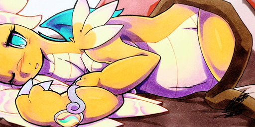4_wings ambiguous_gender anthro bed bedding blanket blush blush_lines bracelet breasts claws feathered_wings feathers furniture horn jewelry looking_at_viewer lying membrane_(anatomy) membranous_wings multi_wing navel non-mammal_breasts on_bed on_side one_eye_closed open_mouth orange_body solo tan_body tan_feathers teal_eyes under_blanket unusual_wing_placement wings 025aki mythology nintendo pokemon pokemon_legends_z-a dragon generation_9_pokemon mega_dragonite mega_evolution mythological_creature mythological_scalie pokemon_(species) scalie 2026 absurd_res dated hi_res signature