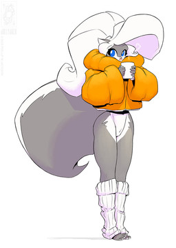 anthro blue_eyes bottomless clothed clothing coffee_mug eyebrow_through_hair eyebrows featureless_crotch female fur grey_body grey_fur hair leg_warmers legwear simple_background solo steam translucent translucent_hair white_background white_body white_fur white_hair winter_coat conditional_dnp jollyjack chloe_sinclaire mammal mephitid skunk 2026