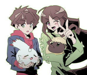 blush brown_hair chewing_on_hair female feral group hair horn male one_eye_closed smile wink dokk_q bandai_namco digimon digimon_ghost_game hiro_amanokawa ruri_tsukiyono curimon digimon_(species) human mammal pyonmon waddling_head