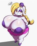 anthro big_breasts biped blonde_hair blush bottomwear breasts clothing eyelashes female footwear hair huge_breasts hyper hyper_breasts pupils shoes simple_background skirt solo thick_thighs white_background white_body mrxrickyx mario_bros nintendo super_mario_odyssey broodal hariet_(mario) lagomorph leporid mammal rabbit