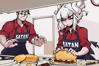5_fingers appliance apron arm_hair banana black_hair bodily_fluids body_hair breasts candy chocolate clock clothing cooking dessert duo eyebrows eyewear female fingers food fruit hair hair_bun horn inside kitchen_appliance kitchen_stove looking_at_another looking_down male markings mole_(marking) not_furry pancake plant red_eyes shirt short_hair spade_tail standing stove sunglasses sweat tail text text_on_apron text_on_clothing text_on_topwear topwear white_body white_eyebrows white_hair white_horn white_skin saane helltaker lucifer_(helltaker) protagonist_(helltaker) demon demon_humanoid human humanoid mammal 2020 3:2 english_text hi_res signature