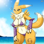 anthro big_breasts bikini black_sclera breasts butt butt_from_the_front chest_tuft clothing countershading female fur solo swimwear tuft two-piece_swimsuit yellow_body yellow_fur normi bandai_namco digimon canid digimon_(species) mammal renamon 1:1 absurd_res hi_res