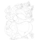 5_heads 6_arms anthro belly big_belly breasts conjoined female horn multi_arm multi_head multi_limb obese overweight solo grindavikbydaylight european_mythology greek_mythology mythology hydra scalie black_and_white hi_res monochrome