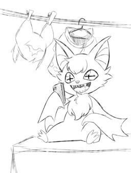 anthro cellphone electronics laundry male phone pupils sharp_teeth sitting smartphone smile solo teeth unusual_pupils wings phantom_phony bandai_namco digimon digimon_beatbreak chiropmon digimon_(species) hi_res monochrome