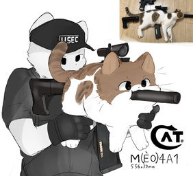 acog_scope anthro feral holding_animal holding_object holding_weapon silencer simple_background text weapon whiskers minecraftsteve42069 colt's_manufacturing_company escape_from_tarkov real_world usec_(escape_from_tarkov) domestic_cat felid feline felis mammal