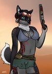 anthro belt black_body black_fur black_hair blue_eyes blue_nails bottomwear bra breasts clothed clothing colored_nails eyewear eyewear_on_head female fur fur_markings goggles goggles_on_head grey_body grey_fur gun hair hair_bun holding_gun holding_object holding_ranged_weapon holding_weapon inner_ear_fluff looking_at_viewer markings multicolored_body multicolored_fur multicolored_hair nails navel outside ranged_weapon red_hair shell_(projectile) shorts shotgun shotgun_shell smile solo tattoo torn_clothing tuft two_tone_body two_tone_fur underwear weapon zees1 jacki_northstar canid canine canis mammal wolf hi_res