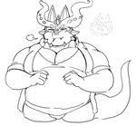 anthro belly blush bulge clothing cute_fangs duo eyes_closed fangs humanoid_hands kemono male overweight overweight_male shirt simple_background solo_focus tail teeth topwear aretna lifewonders mythology tokyo_afterschool_summoners cthugha_(tas) dragon mythological_creature mythological_scalie scalie 2020 hi_res monochrome