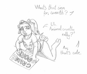 5_fingers anthro bow_ribbon clothed clothed_anthro clothed_female clothing dialogue eyebrows female female_anthro fingers hair holding_object hooves kneeling marker offscreen_character open_mouth panties pantsless shirt sign simple_background slightly_chubby slightly_chubby_anthro slightly_chubby_female solo tail text topwear underwear young young_female meowmere domestic_pig mammal suid suine sus_(pig) english_text hi_res monochrome