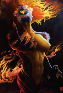 anthro black_body black_fur bone breasts claws fangs female finger_claws fur genitals hair long_hair navel nipples nude orange_hair simple_background skull skull_head solo standing teeth vulva yellow_body yellow_breasts yellow_claws yellow_fur yellow_nipples riorix 2021 absurd_res dated hi_res portrait signature three-quarter_portrait