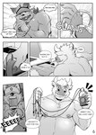 anthro cuff_(restraint) dialogue duo handcuffs male male/male metal_cuffs nipple_piercing nipples piercing restraints text h155296 gym_pals boss_(gym_pals) manager_(gym_pals) bovid bovine canid canine canis cattle mammal wolf comic english_text hi_res monochrome