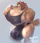 anthro big_breasts big_muscles biped bodily_fluids breasts brown_hair clothed clothing genital_fluids gynomorph hair huge_breasts huge_muscles hyper hyper_muscles intersex muscular muscular_anthro muscular_gynomorph muscular_intersex precum precum_through_clothing solo tail wet wet_clothing curseofdreg canid canine mammal absurd_res hi_res