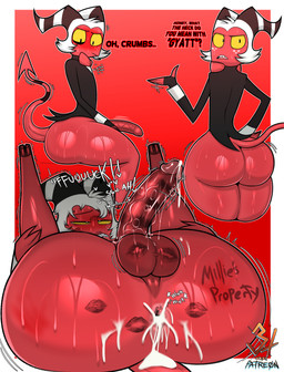 big_butt big_penis bodily_fluids bottom_heavy butt cum cum_inside fucked_silly genital_fluids genitals holding_legs_back huge_penis hyper hyper_genitalia hyper_penis kiss_mark lipstick_on_penis male penis presenting presenting_hindquarters saliva saliva_on_penis shaking solo sweat sweaty_butt text thick_thighs wide_hips dekoude hellaverse helluva_boss moxxie_(helluva_boss) imp absurd_res english_text hi_res