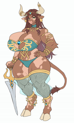 abs ankle_jewelry anthro bangs big_breasts bra braided_hair breasts brown_body brown_fur brown_hair choker cleavage_cutout clothing cutout dancer_outfit digit_ring digitigrade ear_piercing ear_ring eyelashes female finger_ring fur gem green_eyes hair hair_jewelry hand_on_hip hooves horn horn_jewelry horn_ring jewelry long_ears long_hair melee_weapon necklace patched_fur piercing ring_(jewelry) ring_piercing rings_on_wrists smile smiling_at_viewer solo sword tail tail_tuft thong translucent translucent_clothing translucent_leggings tuft underwear weapon lazyllama fan_character bovid bovine cattle mammal 3:5 absurd_res hi_res story story_in_description