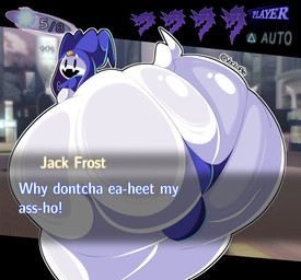 anal_request big_butt bulge butt clothed clothed_humanoid clothed_male clothing dialogue hat headgear headwear huge_butt huge_thighs inviting looking_at_viewer looking_back looking_back_at_viewer male male_humanoid open_mouth oral_request presenting rear_view requesting rimming_request screencap screencap_background sex_request smile solo tail text thick_thighs thong underwear white_body voctopie atlus megami_tensei sega jack_frost_(megami_tensei) demon humanoid imp 2026 absurd_res digital_media_(artwork) english_text hi_res