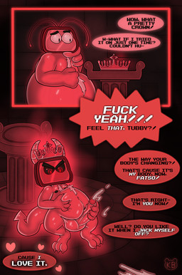 4_fingers anthro belly big_belly biped black_sclera bodily_fluids body_hair corruption crown cum dialogue ejaculation electronics erection fingers for_a_head genital_fluids genitals headgear heart_symbol horn male masturbation nude orgasm overweight overweight_anthro overweight_male penile penile_masturbation penis possession simple_background solo spade_tail speech_bubble tail television text vein veiny_penis koalarobot_(artist) demon imp object_head 2021 absurd_res digital_drawing_(artwork) digital_media_(artwork) english_text hi_res