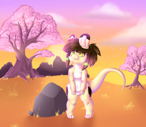 anthro brown_hair cherry_blossom cloud flower grass hair outside petals plant ponytail prunus_(flower) rock semi-anthro shrub sky solo sun sunset yellow_eyes bixbytes bixbyte mammal hi_res