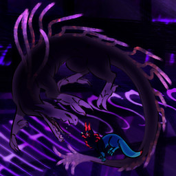 ambiguous_gender black_eyes blue_body blue_eyes blue_markings bodily_fluids claws duo feral frill_(anatomy) hissing markings open_mouth purple_body purple_markings red_markings saliva saliva_on_tongue simple_background size_difference sound_effects toe_claws kayw2324 rain_world videocult inv_(rain_world) lizard_(rain_world) slugcat train_lizard_(rain_world) 1:1 absurd_res hi_res