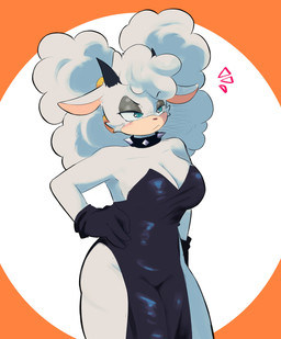 anthro big_breasts blue_eyes breasts clothing collar collarbone dress emanata eyelashes female gloves hair hand_on_hip handwear horn solo spiked_collar spikes white_body white_hair catoculiao idw_publishing sega sonic_the_hedgehog_(comics) sonic_the_hedgehog_(idw) sonic_the_hedgehog_(series) lanolin_the_sheep_(sonic) bovid caprine mammal sheep 2026 absurd_res hi_res