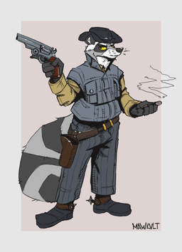 anthro belt belt_buckle boots buckle cigar cigar_smoke clothing cowboy cowboy_boots cowboy_hat cowboy_outfit ears_up footwear gun handgun hat headgear headwear holding_cigar holding_gun holding_handgun holding_object holding_ranged_weapon holding_revolver holding_weapon male raccoon_tail ranged_weapon revolver shoes smoke solo tail weapon wearing_hat yellow_eyes mawkvlt mammal procyonid raccoon hi_res