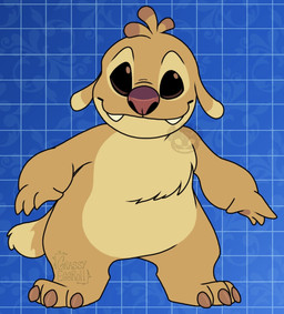 3_toes 4_fingers alternate_form ambiguous_gender antennae_(anatomy) anthro biped blue_background brown_claws brown_eyes brown_pawpads buckteeth claws dipstick_antennae dipstick_ears dipstick_tail ear_markings feet fingers front_view fur geometric_background grid_background looking_at_viewer markings multicolored_antennae multicolored_ears pattern_background pawpads red_nose simple_background smile solo standing tail tail_markings tan_body tan_fur teeth toe_claws toes yellow_body yellow_fur grassyeggroll disney lilo_and_stitch reuben_(lilo_and_stitch) alien experiment_(lilo_and_stitch) digital_drawing_(artwork) digital_media_(artwork) flat_colors hi_res watermark male_(lore)