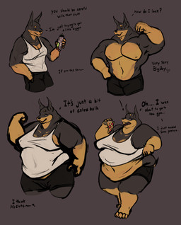 anthro athletic_wear belly belly_expansion big_belly big_moobs body_size_growth comparing deep_navel domestication expansion feederism feedism food gym huge_moobs larger_male male moob_expansion moobs muscular muscular_anthro muscular_arms muscular_male navel obese obese_anthro obese_male overweight overweight_anthro overweight_male pizza size_difference size_transformation thick_thighs transformation silverfang725 rex_tomson canid canine canis dobermann domestic_dog mammal pinscher 2026 digital_media_(artwork) hi_res