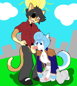 anthro anthro_on_anthro anthro_penetrated anthro_penetrating anthro_penetrating_anthro balls blue_body blue_eyes blue_fur bottomwear cheek_bulge clothed clothing cloud collared_shirt countershade_face countershade_fur countershade_neck countershade_tail countershading dipstick_tail dress_shirt duo fellatio fur genitals glans hair humanoid_genitalia humanoid_penis interspecies male male/male male_penetrated male_penetrating male_penetrating_male markings oral pants penetration penile penis red_clothing red_shirt red_topwear sex shirt sun tail tail_markings topwear munkeesgomu brush_(benju) munks_(munkeesgomu) canid canine canis domestic_cat domestic_dog felid feline felis mammal flat_colors hi_res