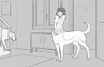 blush bodily_fluids bottomless breasts canid canid_taur canine canine_taur canis clothed clothing collar domestic_dog dotoro_(artist) drooling duo female feral fur hair humanoid_taur inside mammal mammal_taur monochrome monster_girl_(genre) saliva solo_focus taur