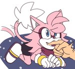 5_fingers all_fours anthro bedding bite biting_hand blanket blue_eyes blush blush_lines bottomwear clothed clothing duo female fingers footwear gloves handwear offscreen_character pink_body sandals scarf shoes shorts simple_background solo_focus tail tail_motion tailwag senshion sega sonic_the_hedgehog_(series) fan_character sensh_the_cat domestic_cat felid feline felis human mammal 2022 absurd_res flat_colors hi_res