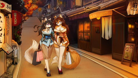 4_toes 5_fingers anthro asian_clothing biped black_hair bottomwear breasts brown_body brown_fur brown_hair brown_tail clothed clothed_anthro clothed_female clothing countershade_torso countershading dress duo east_asian_clothing feet female fingers footwear front_view fully_clothed fully_clothed_anthro fully_clothed_female fur hair holding_bag holding_object inner_ear_fluff japanese_clothing kimono legwear looking_aside orange_body orange_fur orange_tail outside plant purple_eyes shoes short_dress smile tail teeth thigh_highs toeless_legwear toeless_thigh_highs toes topwear tree tuft dragonfu gillian tamara_fox canid canine fox mammal 16:9 2026 digital_drawing_(artwork) digital_media_(artwork) hi_res widescreen daughter_(lore) mother_(lore) mother_and_child_(lore) mother_and_daughter_(lore) parent_(lore) parent_and_child_(lore) parent_and_daughter_(lore)