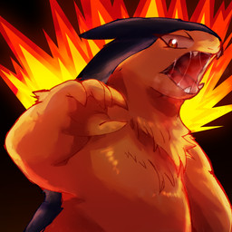 anthro black_background blue_body blue_fur bodily_fluids breath fangs fire fluffy fur light male male_anthro neck_tuft open_mouth red_eyes saliva saliva_string shadow simple_background solo tan_body tan_fur teeth tongue tuft felipotyphlosion nintendo pokemon badger generation_2_pokemon mammal mustelid musteline pokemon_(species) typhlosion 1:1 hi_res lighting