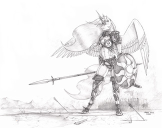 anthro armor arrow_(weapon) belt breastplate breasts clothing eyebrows feathered_wings feathers female hair hooves horn long_hair melee_weapon midriff navel panties pauldron polearm ranged_weapon round_shield shield solo spear sword unconvincing_armor underwear unguligrade warrior weapon wings baron_engel friendship_is_magic hasbro my_little_pony mythology princess_celestia_(mlp) equid equine mammal mythological_creature mythological_equine winged_unicorn 2022 graphite_(artwork) greyscale hi_res monochrome story story_in_description traditional_media_(artwork)