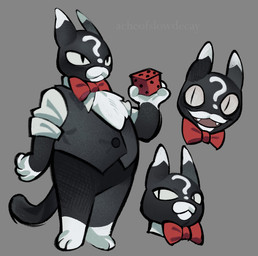 anthro biped black_body black_fur bow_tie clothed clothing dice facial_markings fur fur_markings hair head_markings male markings multicolored_body multicolored_fur multicolored_hair open_mouth open_smile overweight overweight_anthro overweight_male pupils question_mark simple_background slit_pupils smile solo tail toony two_tone_body two_tone_fur two_tone_hair white_body white_fur acheofslowdecay mewgenics gambit_(mewgenics) domestic_cat felid feline felis mammal 2026 digital_media_(artwork) hi_res signature