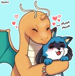 ambiguous_gender anthro chibi claws duo eyes_closed female female/ambiguous happy heart_symbol horn kissing larger_female love paws size_difference smaller_ambiguous tongue tongue_out wings kurosita nintendo pokemon husky_lucario dragonite generation_1_pokemon generation_4_pokemon lucario pokemon_(species) scalie hi_res