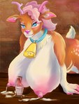 anthro antlers areola big_breasts bodily_fluids breast_expansion breast_milking breast_rest breasts collar cowbell expansion female fluffy horn lactating leaning leaning_forward looking_at_viewer milk milk_container nipples nude slightly_chubby smile solo malish lexi_cerv tula_wolf bovid bovine cattle deer mammal hi_res