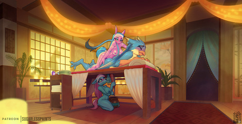anthro balls beak big_balls breasts detailed_background erection eyebrows eyelashes eyes_closed feet female genitals group half-closed_eyes handjob kneeling male male/female narrowed_eyes penile penis saggy_balls sex tail text toes wings sugarlesspaints friendship_is_magic hasbro my_little_pony mythology aloe_(mlp) gallus_(mlp) lotus_(mlp) avian equid equine gryphon mammal mythological_avian mythological_creature 2026 artist_name digital_media_(artwork) hi_res sibling_(lore) sister_(lore) sisters_(lore) twins_(lore)