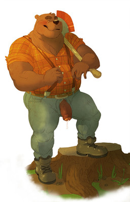 anthro axe biceps big_muscles biped blush bodily_fluids boots brown_body brown_fur clothing cum eyes_closed footwear foreskin fur genital_fluids genitals half-erect humanoid_genitalia humanoid_penis lumberjack male melee_weapon musclegut muscular muscular_anthro muscular_male partially_retracted_foreskin pattern_clothing pattern_topwear penis penis_poking_out penis_through_fly plaid plaid_clothing plaid_topwear precum shoes slightly_chubby solo standing suspenders topwear unzipped weapon weapon_on_shoulder zipper daire301 bear mammal hi_res