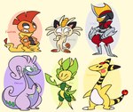 2020 3_toes ambiguous_gender ampharos anthro bisharp english_text fangs feet generation_1_pokemon generation_2_pokemon generation_5_pokemon generation_6_pokemon goodra group hand_on_hip happy hi_res leavanny looking_at_viewer lumspark meowth nintendo one_eye_closed orange_body orange_scales pokemon pokemon_(species) scales scrafty serious silly simple_background tail tailbutt teeth text toes tongue yellow_body