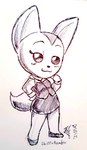 anthro beady_eyes blush bottomwear chibi clothing female fluffy fluffy_tail footwear half-closed_eyes hand_on_hip high_heels looking_at_viewer miniskirt narrowed_eyes office_clothing shoes simple_background skirt solo tail white_background sailor_bomber aggretsuko sanrio fenneko canid canine fennec_fox fox mammal true_fox absurd_res cross-hatching graphite_(artwork) guide_lines hatching_(art) hi_res monochrome pen_(artwork) shaded traditional_media_(artwork)