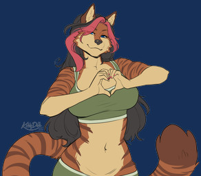 anthro biped bottomwear breasts clothed clothed_anthro clothed_female clothing countershade_torso countershading female fingers front_view fully_clothed fully_clothed_anthro fully_clothed_female hair looking_at_viewer navel smile solo standing stripes tail topwear kittydee felid feline mammal 2026 alpha_channel digital_drawing_(artwork) digital_media_(artwork)