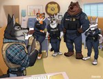 anthro badge barefoot briefing bulletproof_vest cigarette clothing detective electroshock_weapon feet female flannel_shirt group holstered_pistol male police police_officer police_station police_uniform smoking tactical_gear taser uniform weapon zpd psakorn_tnoi disney zootopia axel_wolfram mila_moone_(grizzlygus) nadine_(grizzlygus) officer_fangmeyer officer_wolfard oslo_strongpaw ralph_(grizzlygus) bear brown_bear canid canine canis felid mammal pantherine tiger ursine wolf 2022