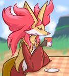 anthro arm_tuft beverage biped blurred_background bow_(feature) chair cheek_tuft cloud container cup cutlery day detailed_background elbow_tuft facial_tuft female female_anthro fingers fluffy fur furniture gloves_(marking) grass holding_container holding_cup holding_object inner_ear_fluff jewelry kemono kitchen_utensils markings multicolored_body multicolored_fur necklace nude outside pendant pink_bow pink_inner_ear_fluff plant plate pupils red_body red_eyes red_fur red_nose shoulder_tuft side_view sitting sky slit_pupils smile snout solo spoon table tools tuft white_body white_fur yellow_body yellow_ears yellow_fur gd-058 nintendo pokemon canid canine delphox generation_6_pokemon mammal pokemon_(species) 2024 colored digital_media_(artwork) half-length_portrait hi_res portrait shaded simple_shading