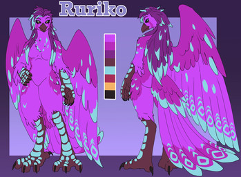 anthro avian_feet beak breasts chest_tuft claws color_swatch feather_markings feathers featureless_breasts featureless_crotch feet female hair hand_on_hip long_hair looking_at_viewer looking_back markings non-mammal_breasts purple_body purple_feathers scutes simple_background smile smiling_at_viewer solo spread_wings standing tail tail_feathers talon_hands talons text toe_claws toes tuft wings ketzel99 european_mythology greek_mythology mythology ruriko_(saintessofflame) avian bird mythological_avian mythological_bird mythological_creature mythological_firebird phoenix character_name hi_res model_sheet