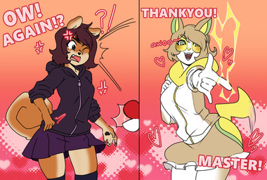 angry anthro before_and_after bottomwear clothing dialogue female hoodie interrobang one_eye_closed pokeball simple_background skirt smile solo species_transformation standard_pokeball text topwear transformation hammalliel nintendo pokemon maddy_(duckydaduck) canid canine canis domestic_dog generation_8_pokemon mammal pokemon_(species) yamper 2019 english_text