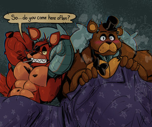 abs after_sex afterglow anthro anthro_on_anthro barazoku bed bedding biceps big_muscles blanket blush bodily_fluids bow_tie breath clothing dialogue duo eye_patch eyebrows eyewear flustered fur furniture grey_background hands_behind_head hat headgear headwear lying machine male male/male motion_lines muscular muscular_anthro muscular_male muscular_on_muscular narrowed_eyes nude obliques on_back on_bed pecs pillow simple_background sweat teeth text thick_arms top_hat tuft under_covers its_coldpizza five_nights_at_freddy's scottgames foxy_(fnaf) freddy_(fnaf) animatronic bear canid canine fox mammal robot 2025 english_text hi_res signature