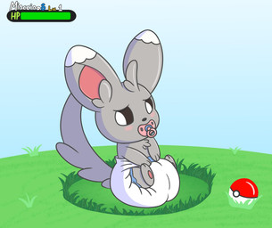 blush clean_diaper clothed clothing diaper diaper_only fur grass grey_body grey_fur male object_in_mouth outside pacifier pacifier_in_mouth plant pokeball solo topless wearing_diaper meowstic_(artist) nintendo pokemon generation_5_pokemon minccino pokemon_(species) 2016 hi_res