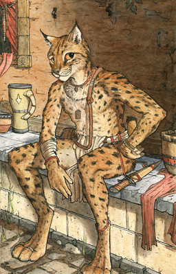 anthro biped bottomwear bracelet clothed clothing dagger detailed_background digit_ring digitigrade feet fur jewelry loincloth male markings melee_weapon necklace orange_eyes paws ring sitting solo spots spotted_body spotted_fur toe_ring toes topless tribal tribal_clothing vase weapon conditional_dnp titusw bobcat felid feline lynx mammal hi_res