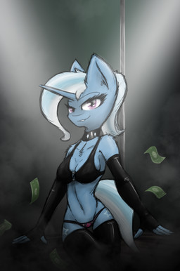 anthro anthrofied armwear blue_body blue_fur bra clothed clothing cutie_mark elbow_gloves eyelashes female fur gloves hair handwear horn legwear looking_at_viewer money multicolored_hair navel panties pole purple_eyes skimpy solo stockings stripper tipping two_tone_hair underwear ninjapony friendship_is_magic hasbro my_little_pony mythology trixie_(mlp) equid equine mammal mythological_creature mythological_equine unicorn 2014
