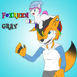 ambiguous_gender anthro blue_background clothed clothing duo ear_piercing gradient green_eyes hair male multicolored_hair piercing rainbow shirt simple_background size_difference text topwear mishiranui-san hasbro my_little_pony fan_character canid canine equid equine fox horse mammal pony 1:1 absurd_res digital_media_(artwork) english_text hi_res